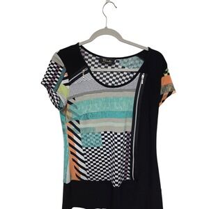 Vintage 90s Bali Geometric‎ Print Top Zipper Accent Short Sleeve Blouse